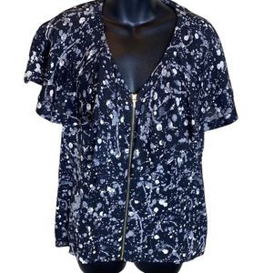 Tory Burch black/white splatter ruffle front zip front blouse silk 8